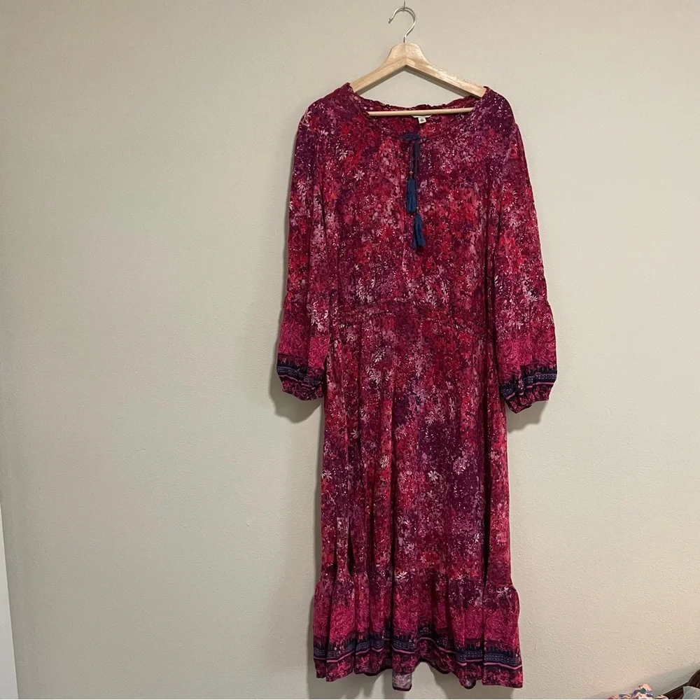 Frye and Co. Long Sleeve Peasant Canyon Cranberry Pink Blue Maxi Dress, Size 3x - Picture 2 of 6